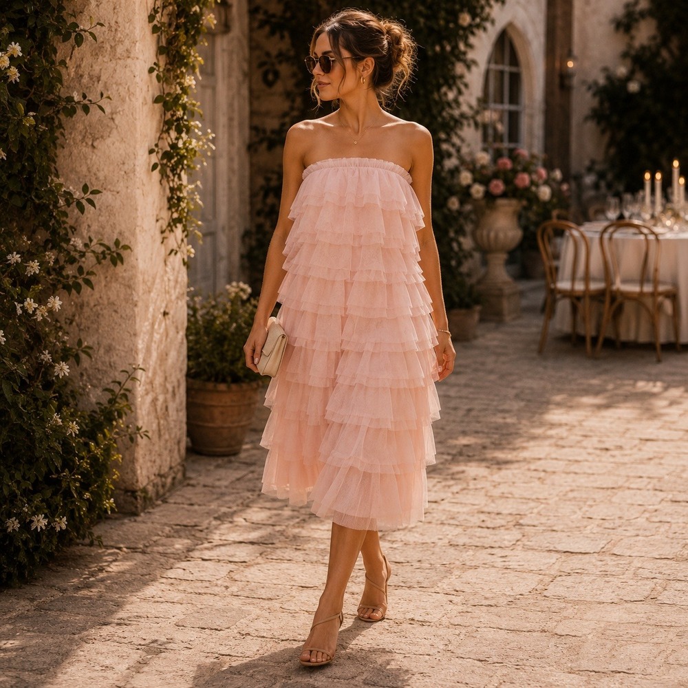 Eva Franco Anthropologie Pink Tiered Tulle Tube Dress Balletcore Size 12 NWT